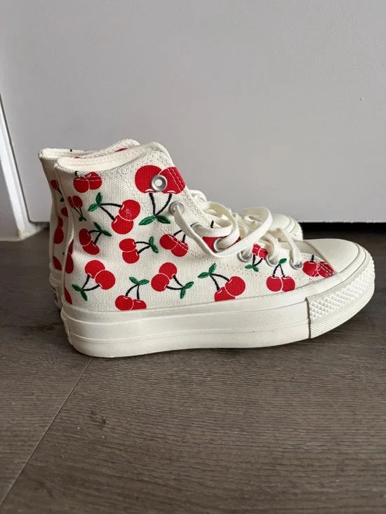 Converse High Top Sneakers - Cream with Red Cherry Print - Picture 2 of 2
